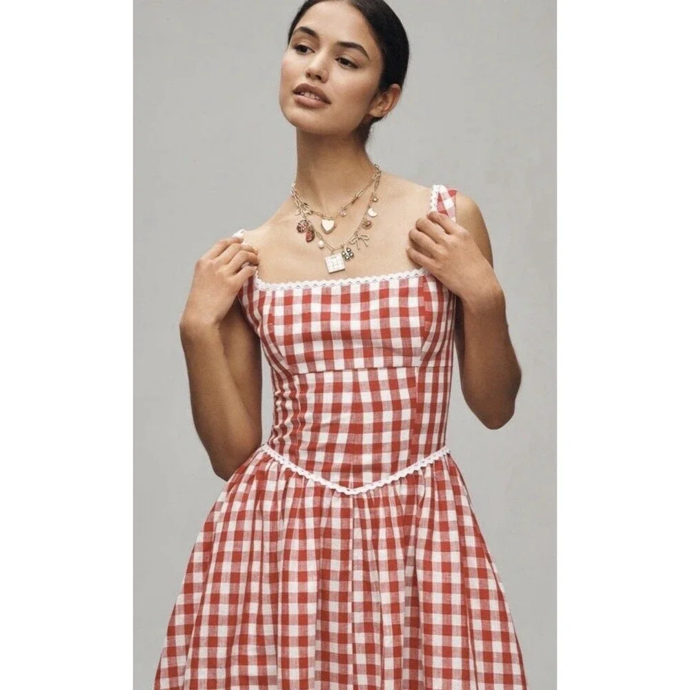 Anthropologie Wayf Midi Dress Red Linen Blend Drop Waist Preppy Boho Medium NWT - Picture 7 of 14
